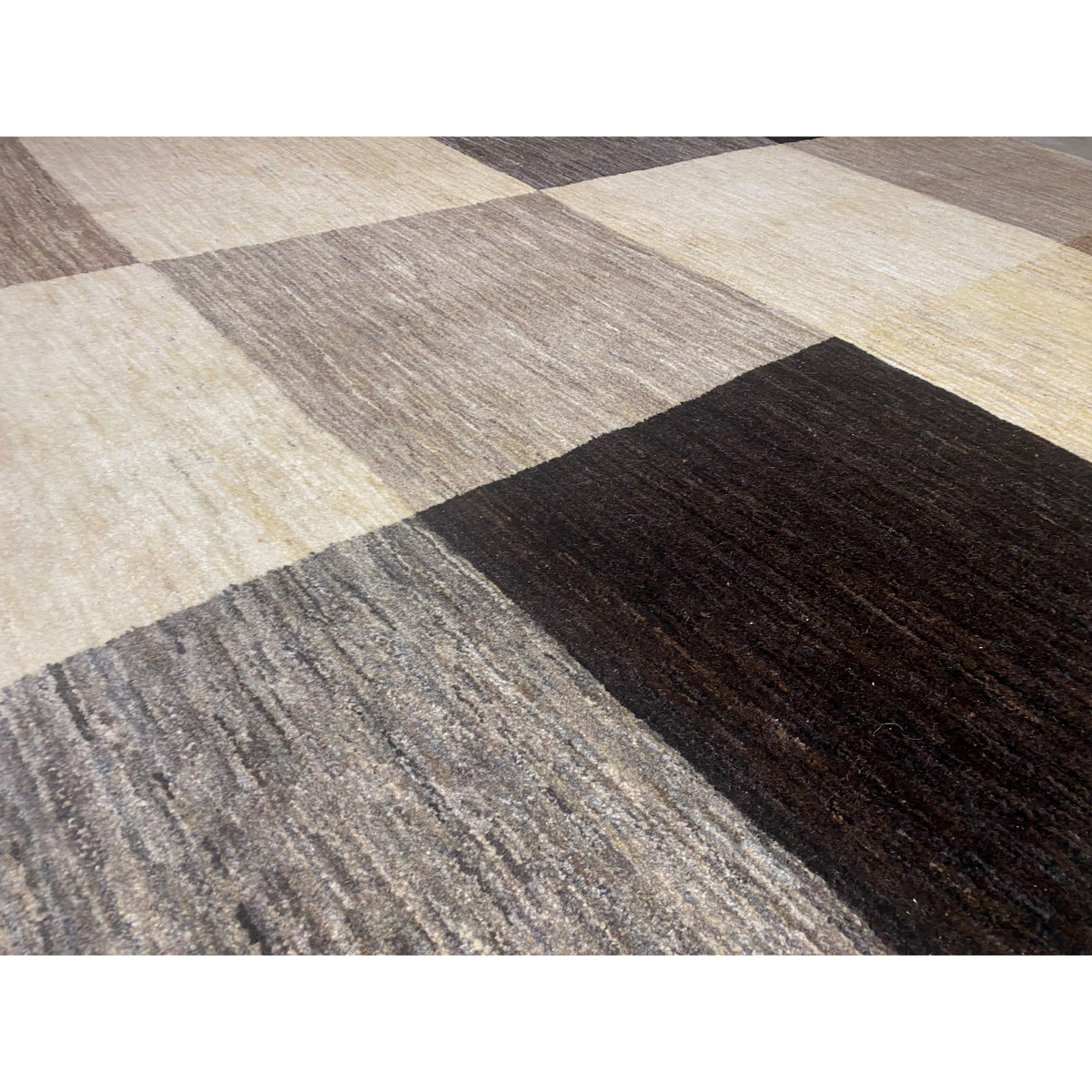 Gabbeh rug 243x169 cm, patterned woven pile with lines in gray, cream, and black