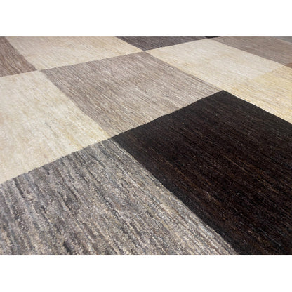 Gabbeh rug 243x169 cm, patterned woven pile with lines in gray, cream, and black