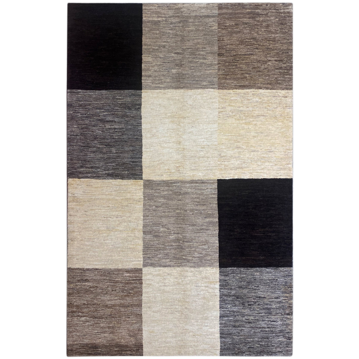 Gabbeh rug 243x169 cm, checked patchwork in gray, beige, and black
