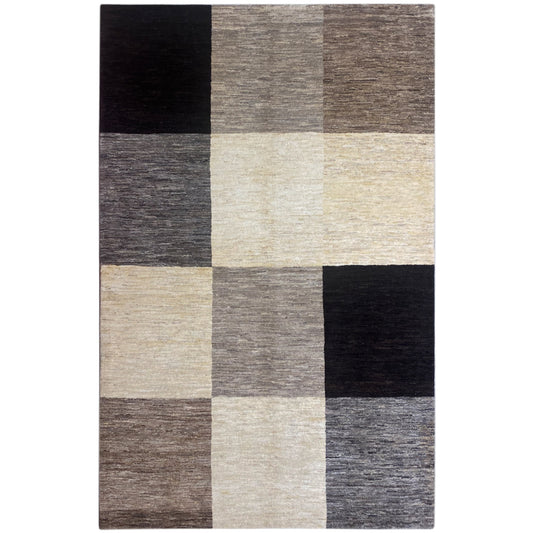 Gabbeh rug 243x169 cm, checked patchwork in gray, beige, and black