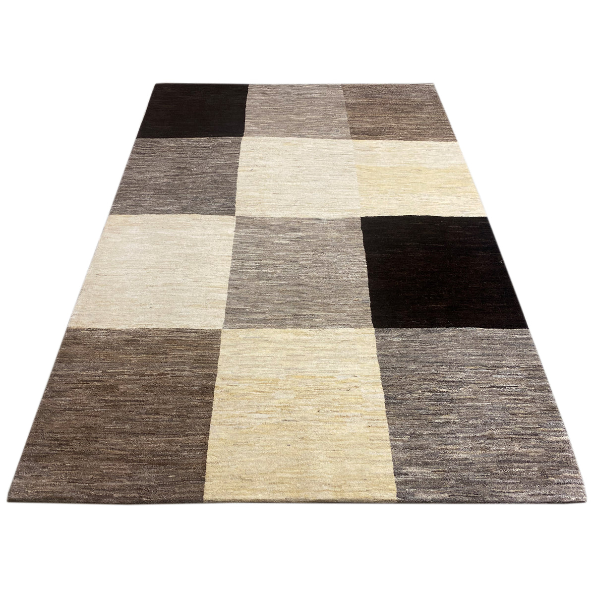 Gabbeh rug with a checkered pattern in beige, black, and gray, in a wide rectangular shape