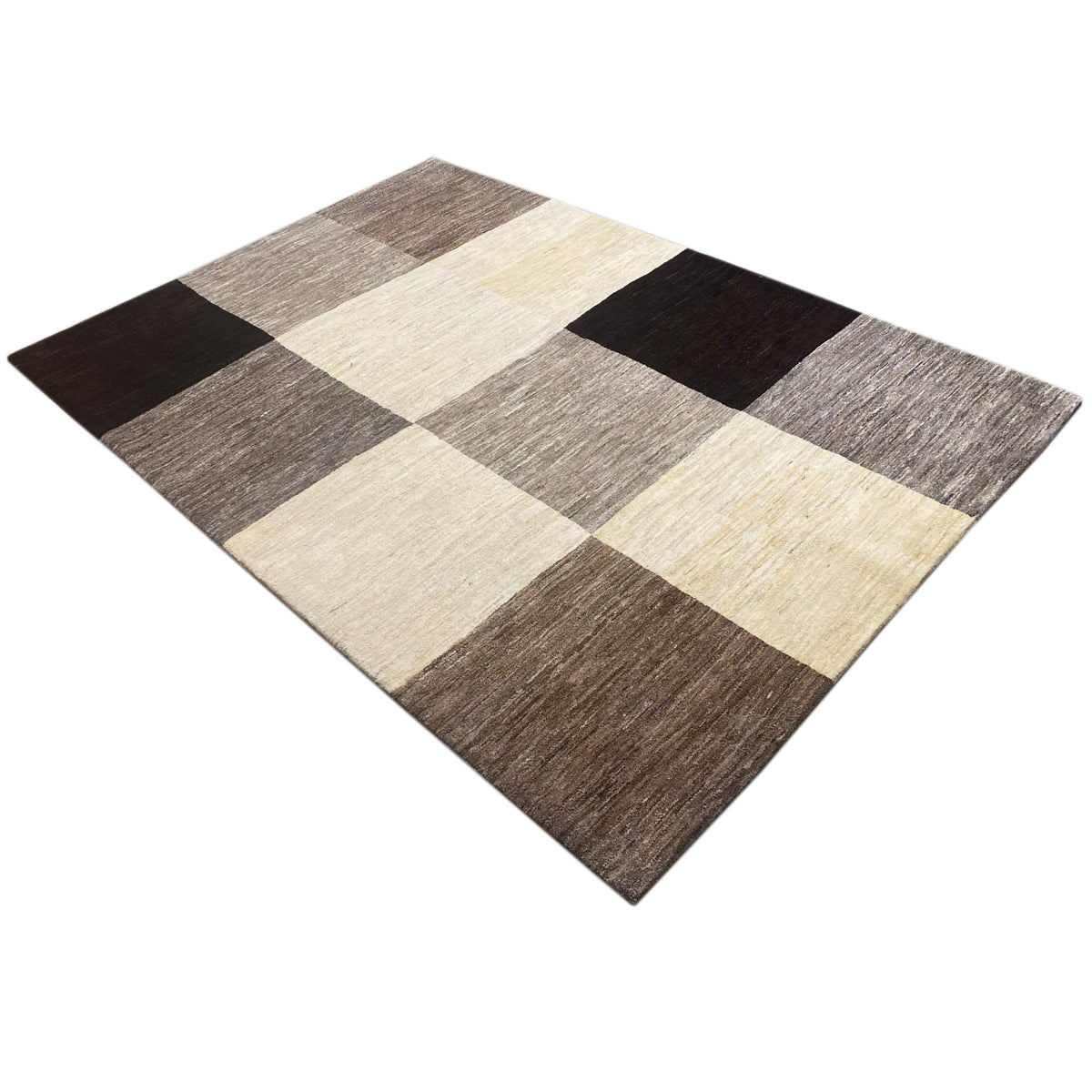 Gabbeh rug in a square view with a checkered pattern in beige, gray, and black