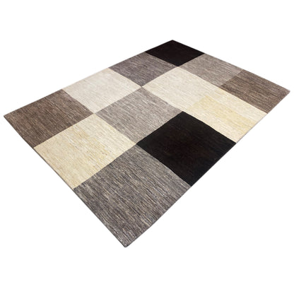 Gabbeh rug with a beige, gray and dark brown/black checkered pattern, flat-weave