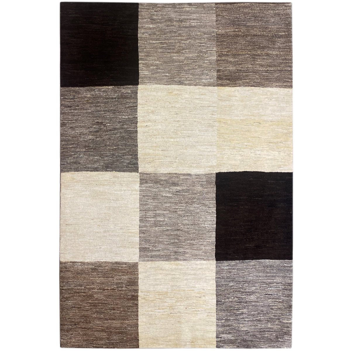 Gabbeh rug with a checkered pattern in beige, black and gray, rectangular