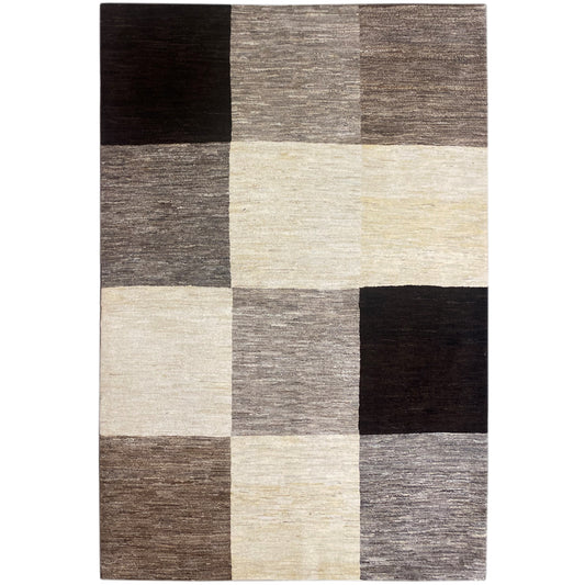 Gabbeh rug with a checkered pattern in beige, black and gray, rectangular