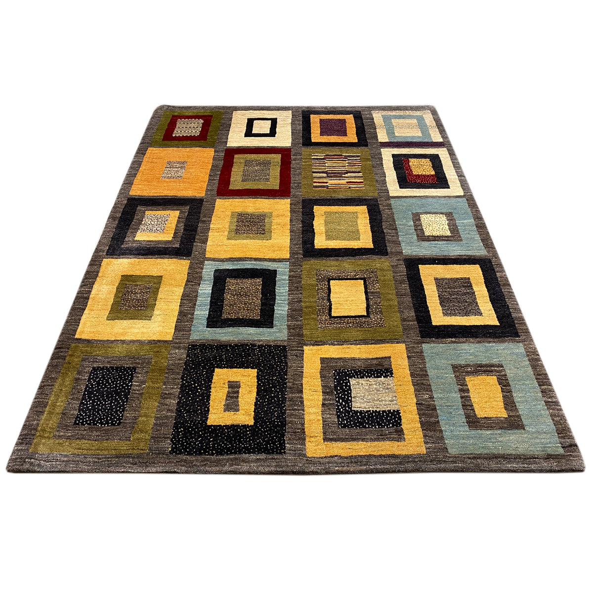 Gabbeh rug with square motifs in yellow, blue, black and cream