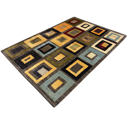 Gabbeh rug with geometric squares, accents in mustard, blue and dark gray