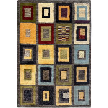 Gabbeh rug with a square pattern, multicolored accents on a dark background