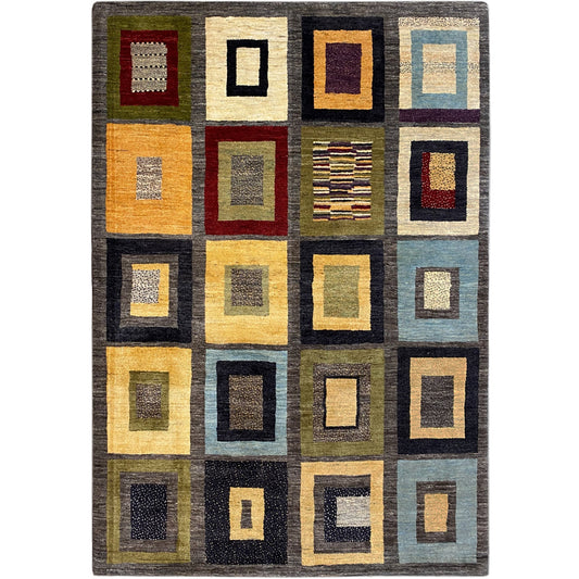 Gabbeh rug with a square pattern, multicolored accents on a dark background