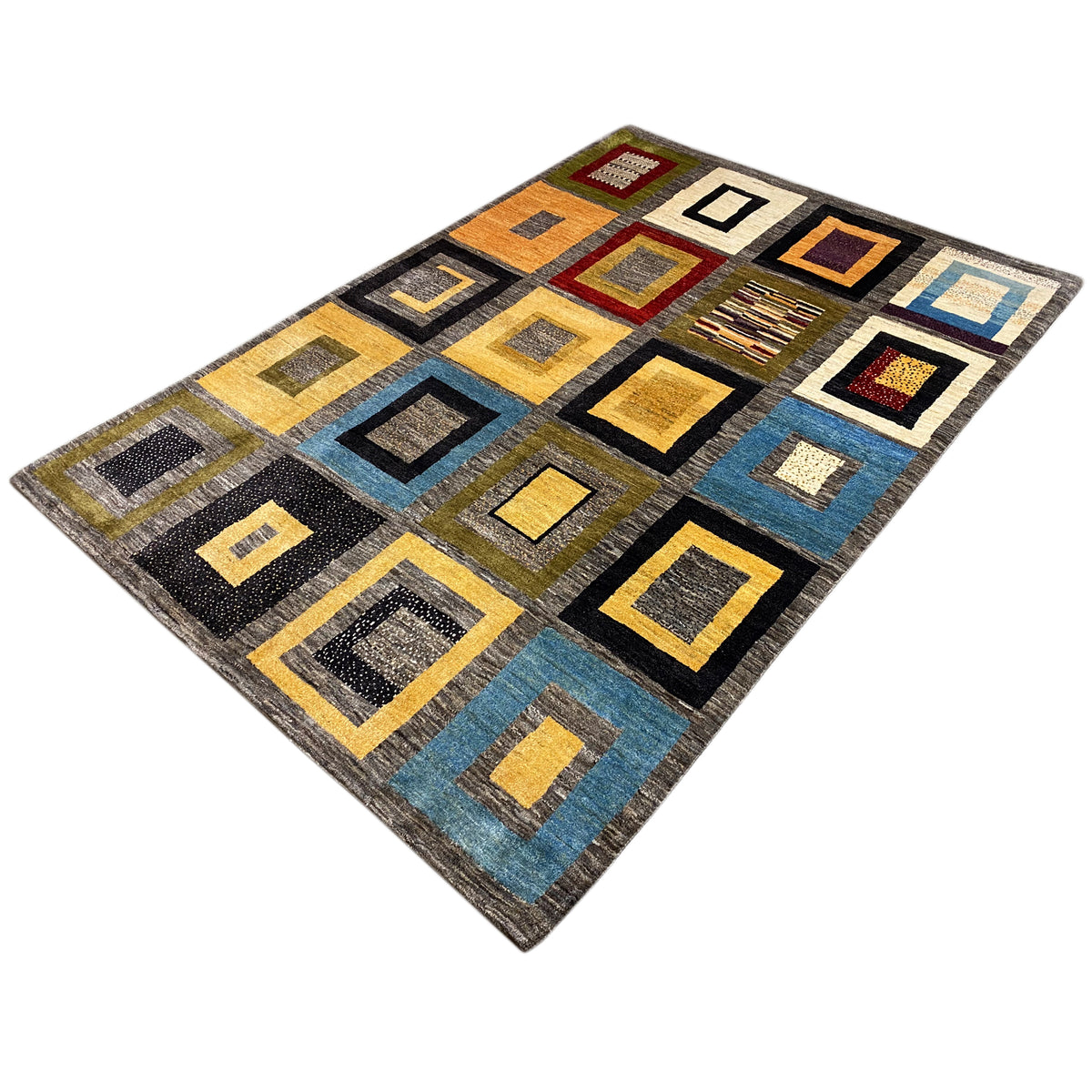 Gabbeh rug with square patterns in yellow, blue, black, and gray