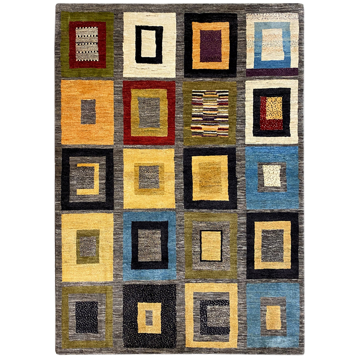 Colorful Gabbeh rug with square retro motifs in yellow, blue, and black