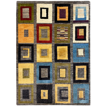 Colorful Gabbeh rug with square retro motifs in yellow, blue, and black