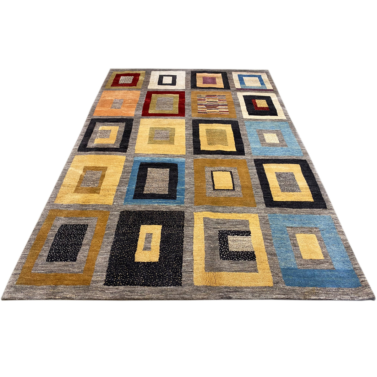 Rug with a diamond pattern, black with yellow and blue accents