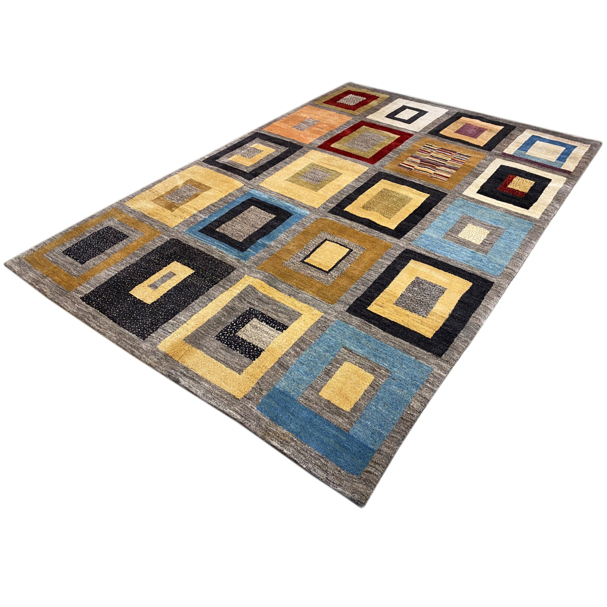 Rug with a square Gabbeh pattern, black, yellow, blue and red accents