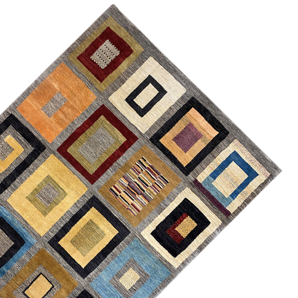 Rug with checkerboard squares in yellow/orange, blue, black, and red