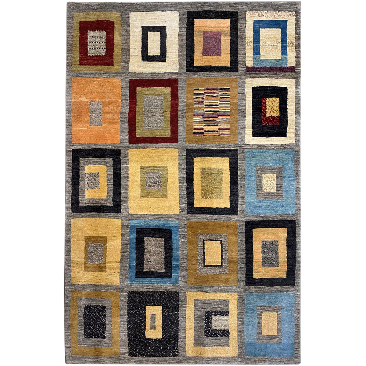 Gabbeh rug with diamond pattern, gray/blue/yellow/orange, 300x195 cm