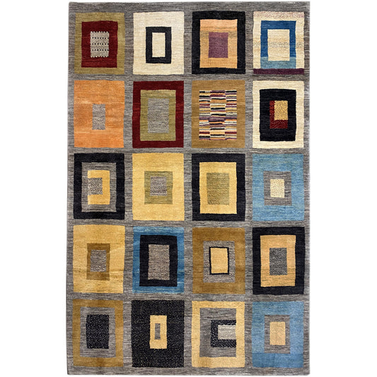 Gabbeh rug with diamond pattern, gray/blue/yellow/orange, 300x195 cm