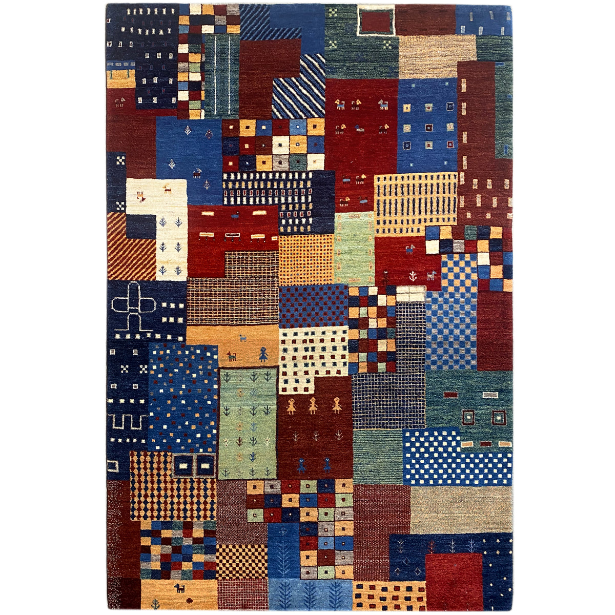 Gabbeh rug with a patchwork design of many colorful squares and patterns, rectangular