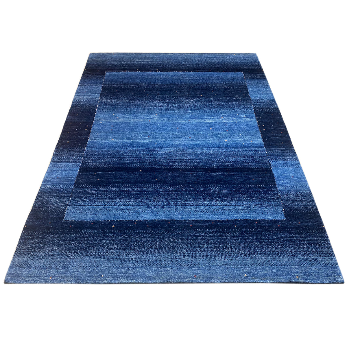 Blue gabbeh rug with horizontal stripes and contrasting blocks, rectangular