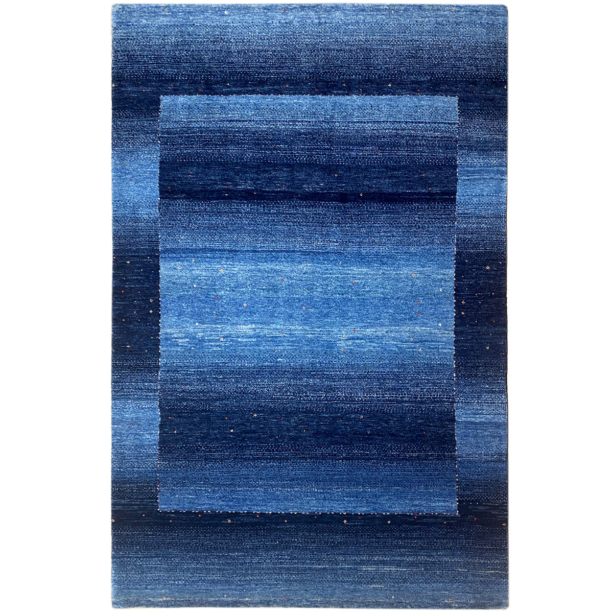 Blue gabbeh rug with a blocky striped pattern, rectangular, fine texture