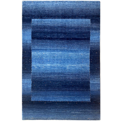 Blue gabbeh rug with a blocky striped pattern, rectangular, fine texture