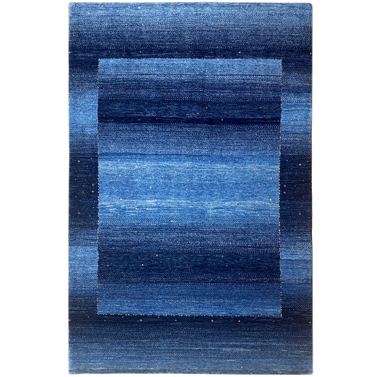 Blue gabbeh rug with a blocky striped pattern, rectangular, fine texture