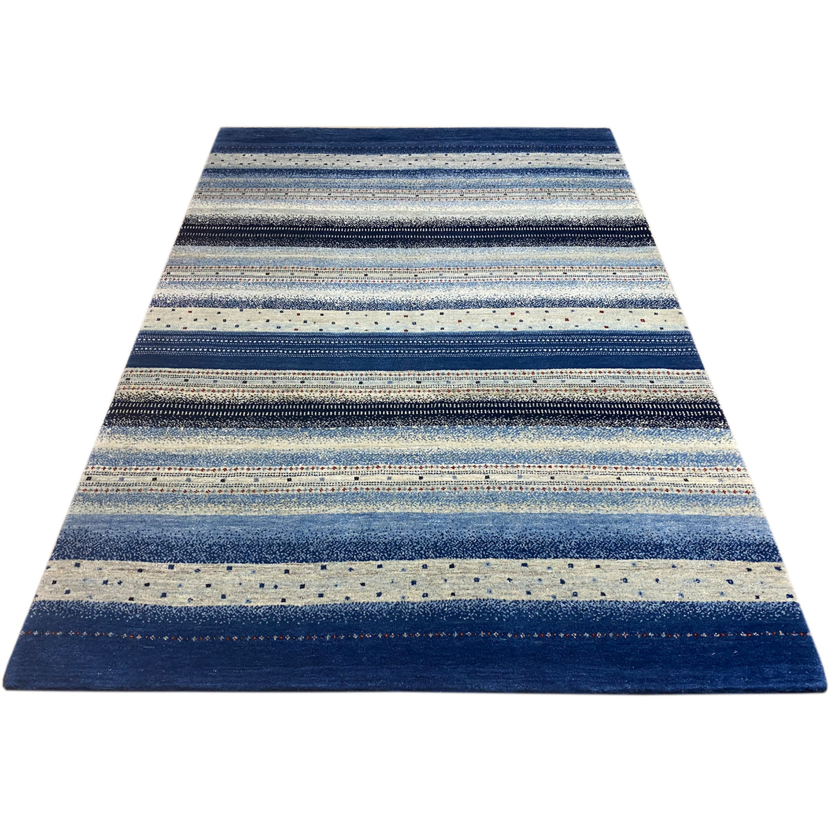 Rectangular Gabbeh rug with a striped pattern in blue and beige and a dark border