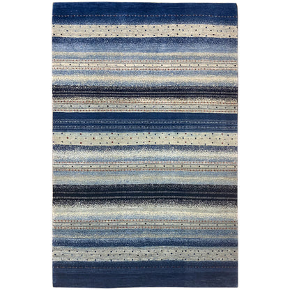 Gabbeh rug with multicolored blue and beige stripes, rectangular and bordered