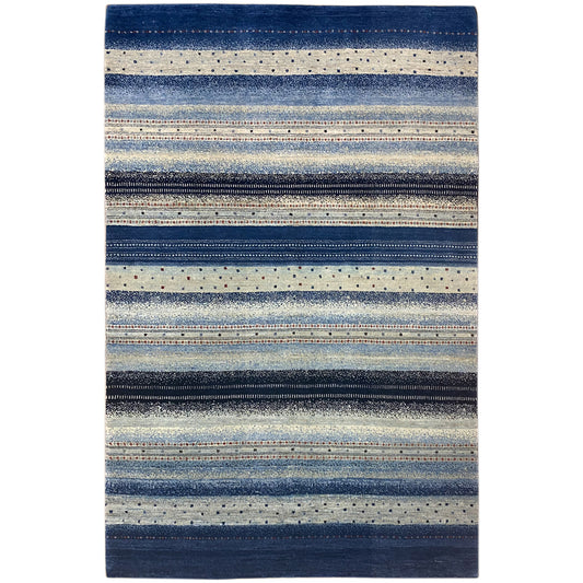 Gabbeh rug with multicolored blue and beige stripes, rectangular and bordered