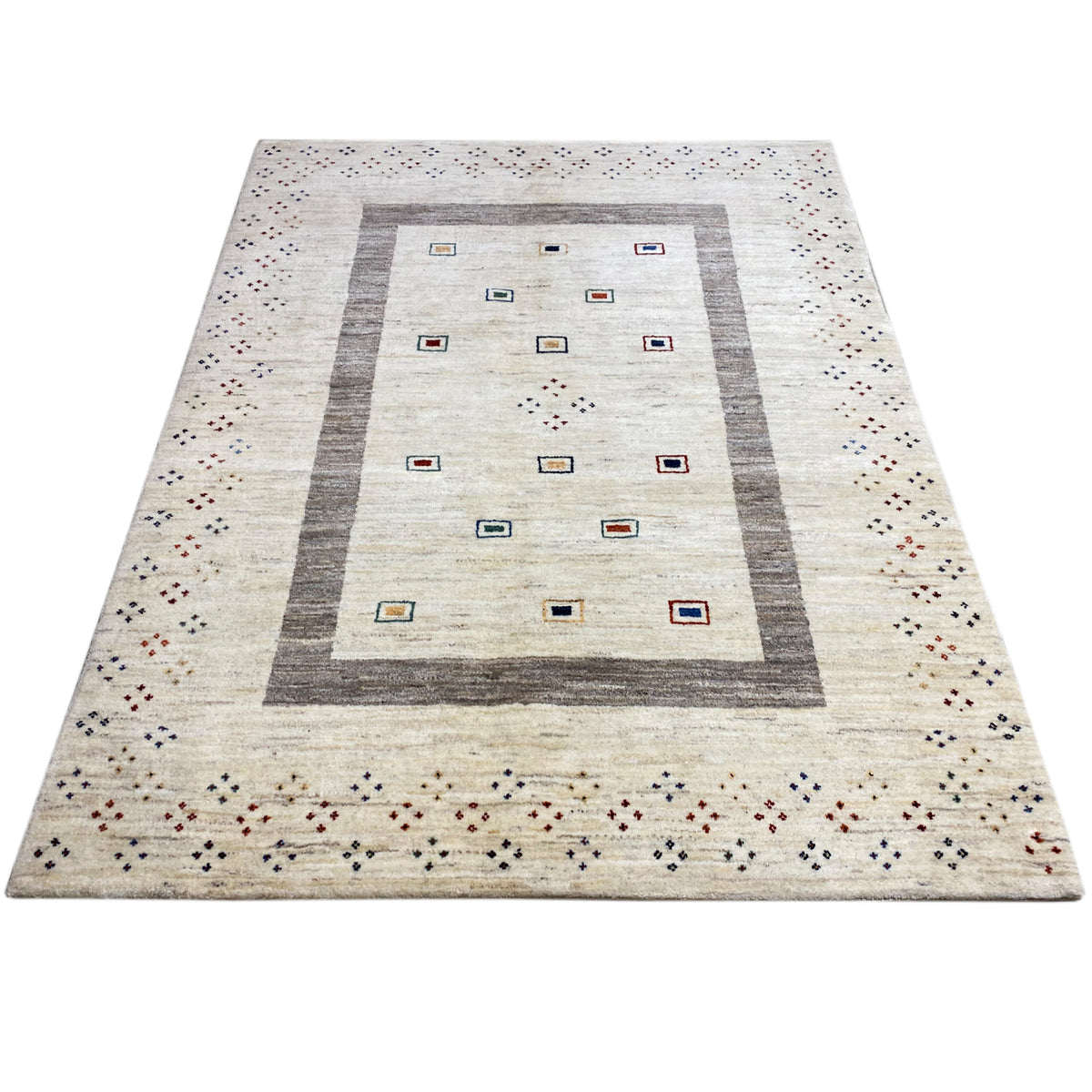 Beige Gabbeh rug lying flat with a gray central border and colorful squares