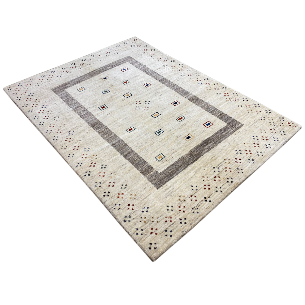 Beige rug with a gray rectangular border and multicolored square ornaments