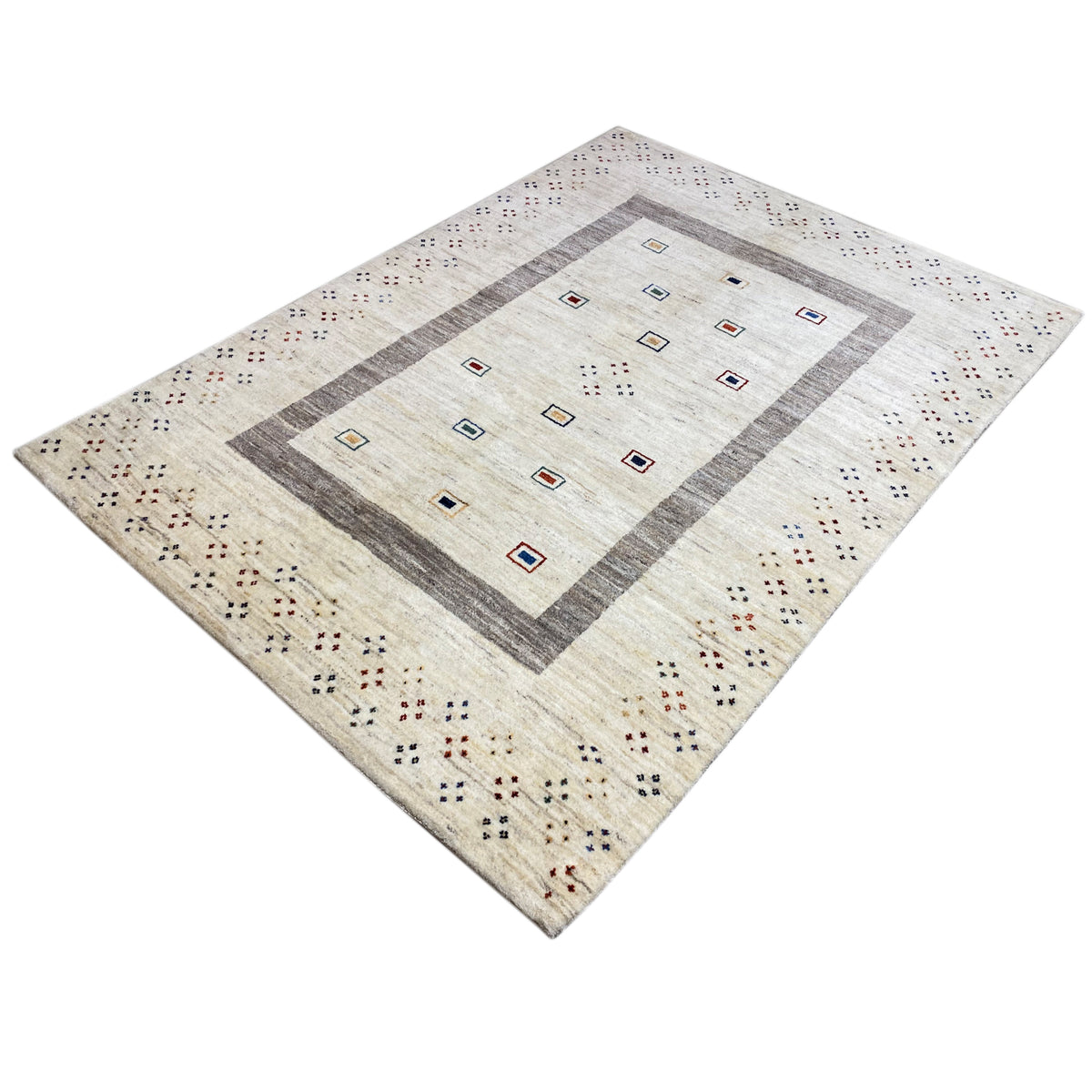 Gabbeh rug in light beige with a large gray square border and small patterns