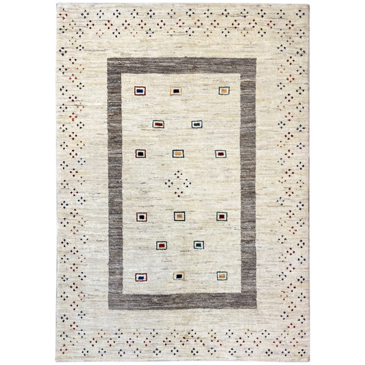 Beige gabbeh rug with a gray border and square pattern