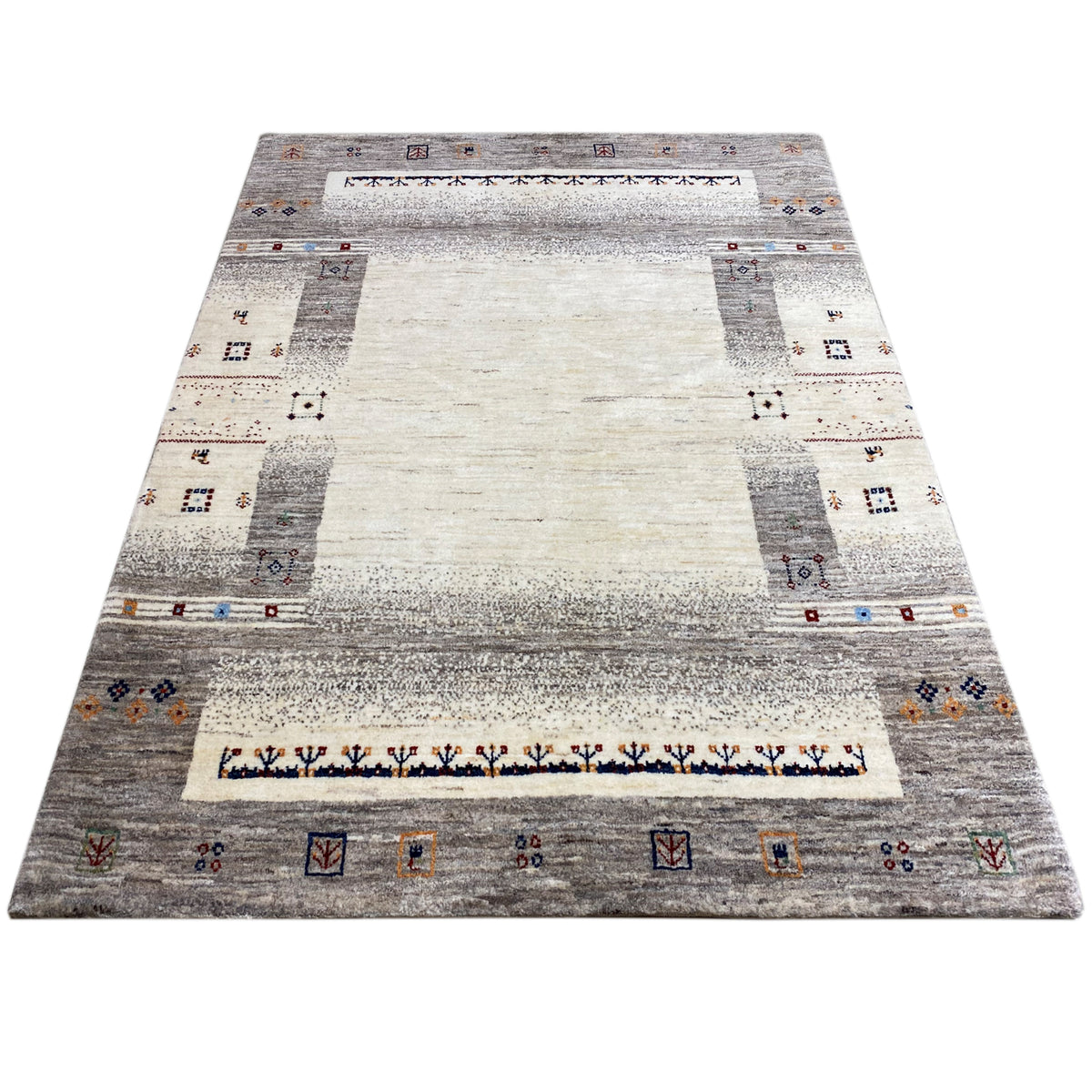Gabbeh rug in beige/gray with a border and small ornaments in the corners