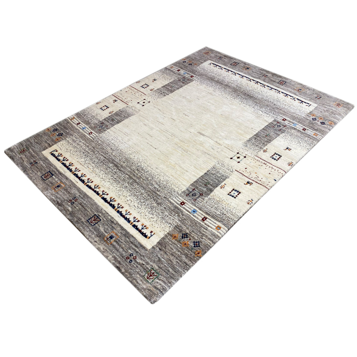 Beige/gray gabbeh rug with a square design, decorative borders, and tile elements