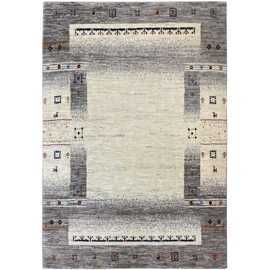 Beige and gray gabbeh rug with a geometric border pattern