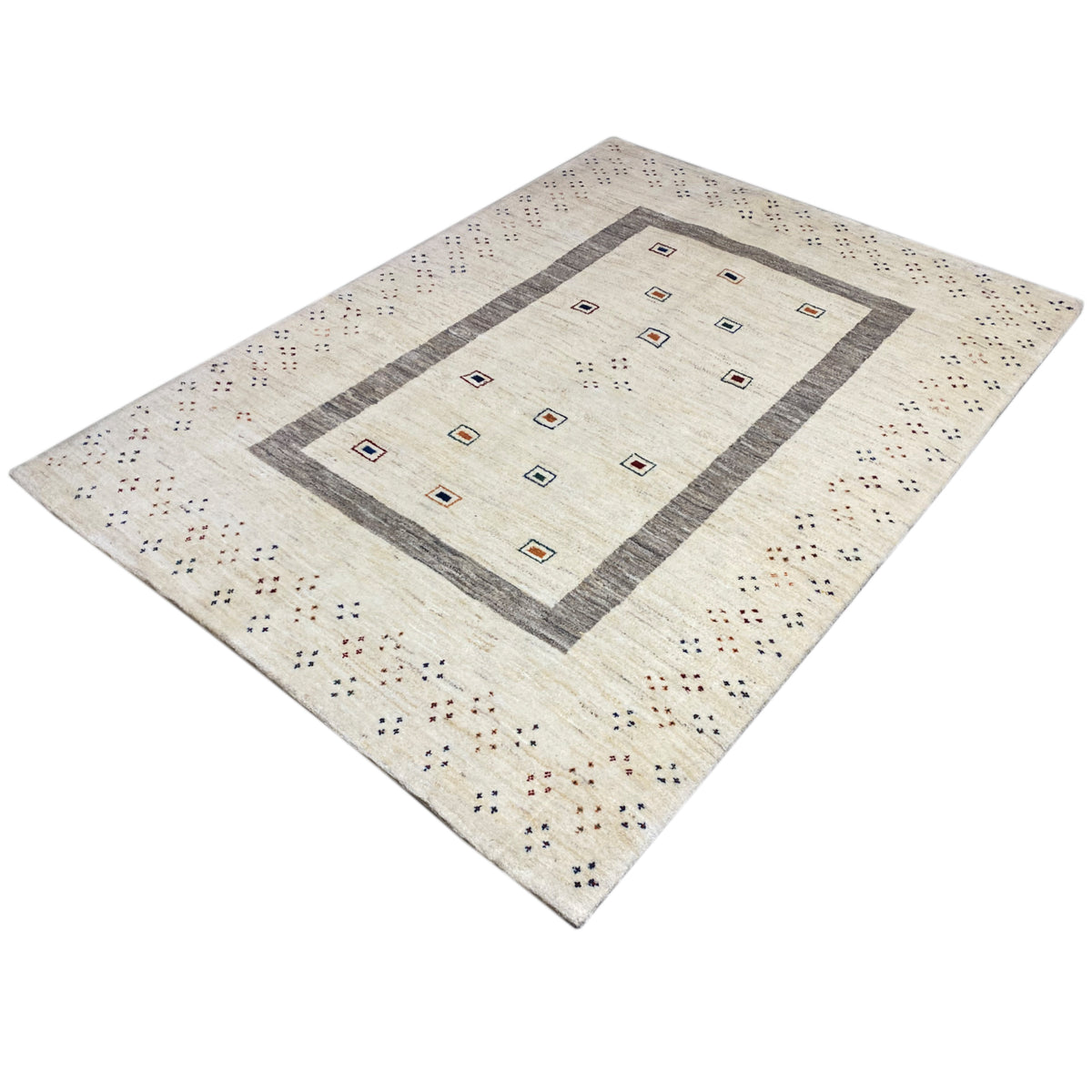 Beige Gabbeh rug with a diagonal design: gray border, diamonds in the center, dot motifs