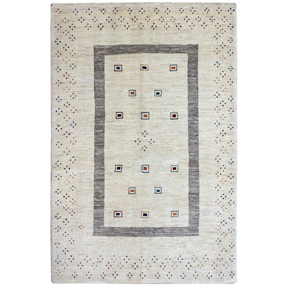 Beige Gabbeh rug with a square diamond pattern and multicolored accents, 206x148 cm