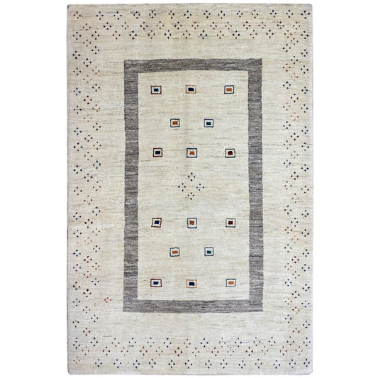 Beige Gabbeh rug with a square diamond pattern and multicolored accents, 206x148 cm