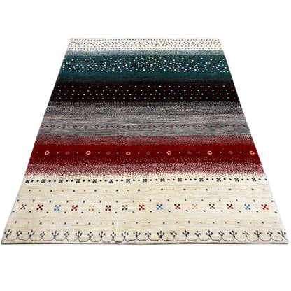 Gabbeh rug rolled out wide with a striped pattern in cream, teal, gray, and red.