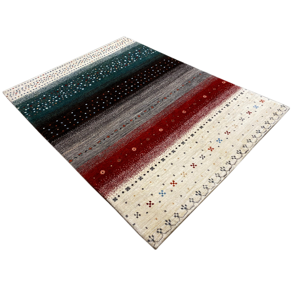 Gabbeh rug folded into a square: stripes in teal, gray and red on a light background.