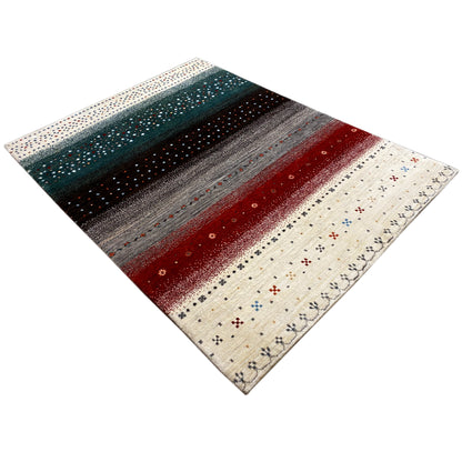 Gabbeh rug folded into a square: stripes in teal, gray and red on a light background.