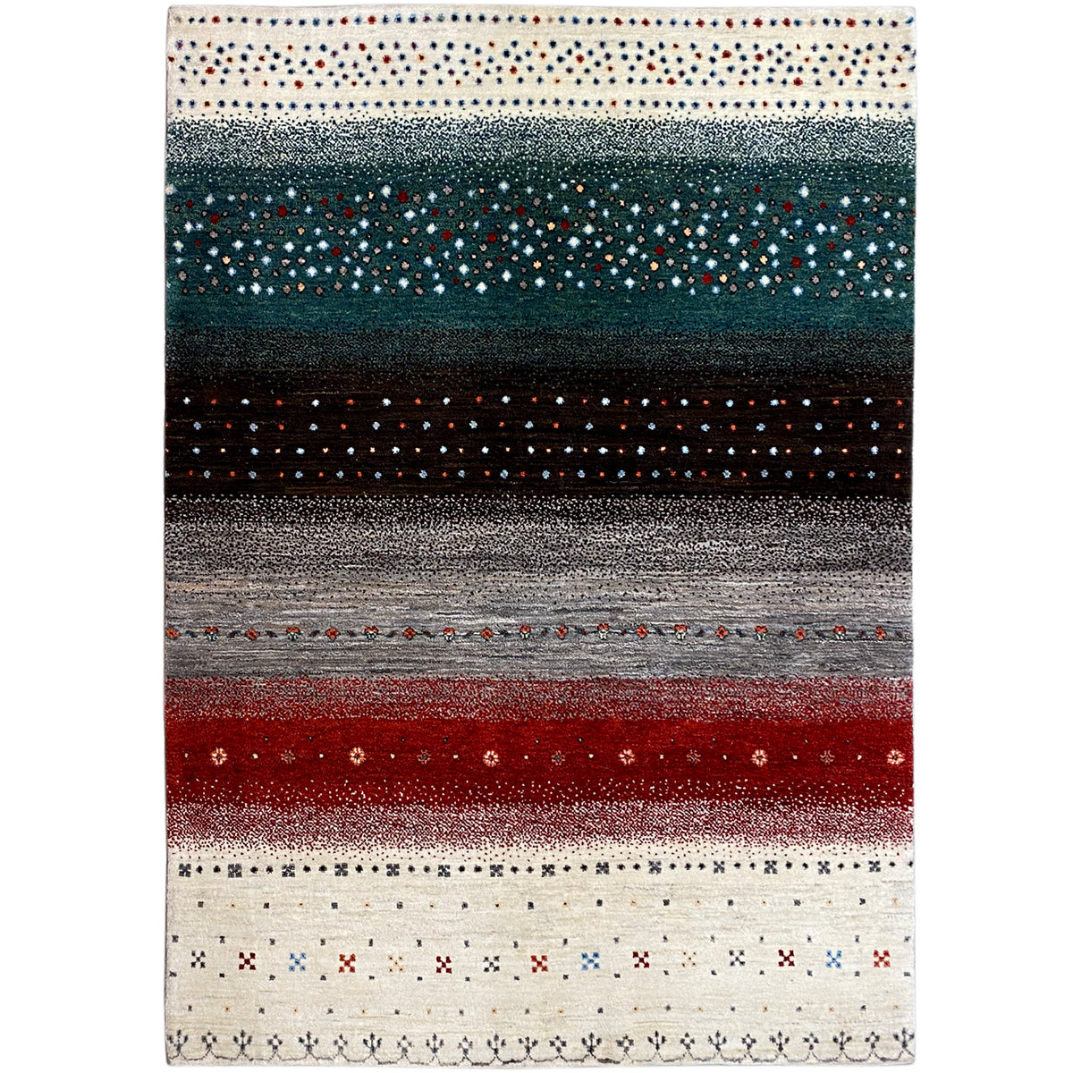 Gabbeh rug with a striped pattern in cream, teal, gray, and red, with subtle motifs.