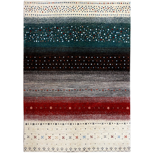 Gabbeh rug with a striped pattern in cream, teal, gray, and red, with subtle motifs.