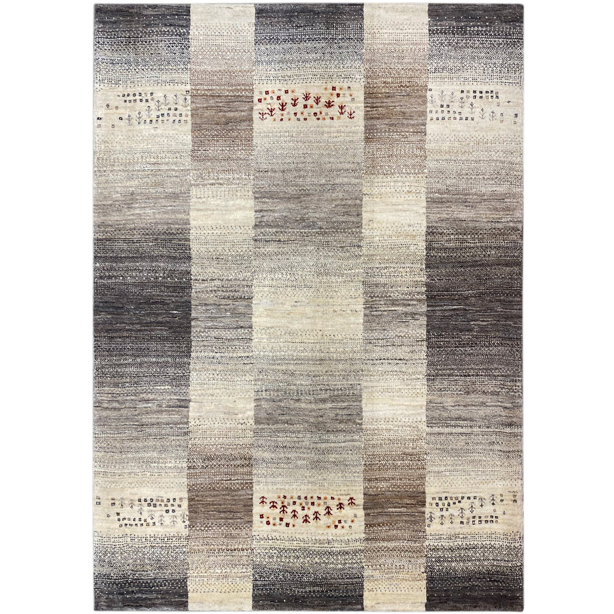 Gabbeh rug with a checked block pattern in gray and cream, with small red elements