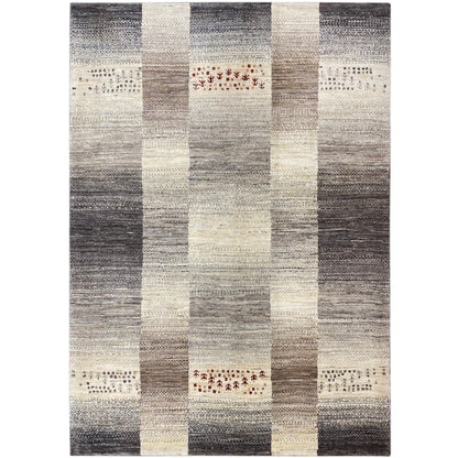 Gabbeh rug with a checked block pattern in gray and cream, with small red elements