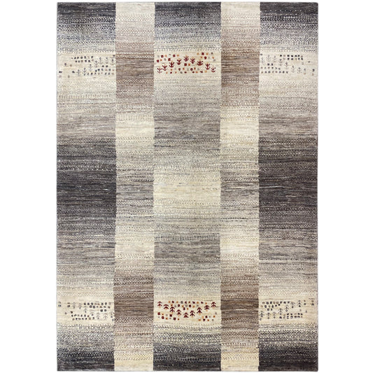 Gabbeh rug with a checked block pattern in gray and cream, with small red elements