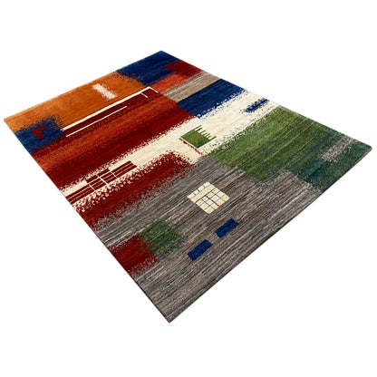 Gabbeh rug with a checkerboard and striped design, brown, blue, green, gray, and cream