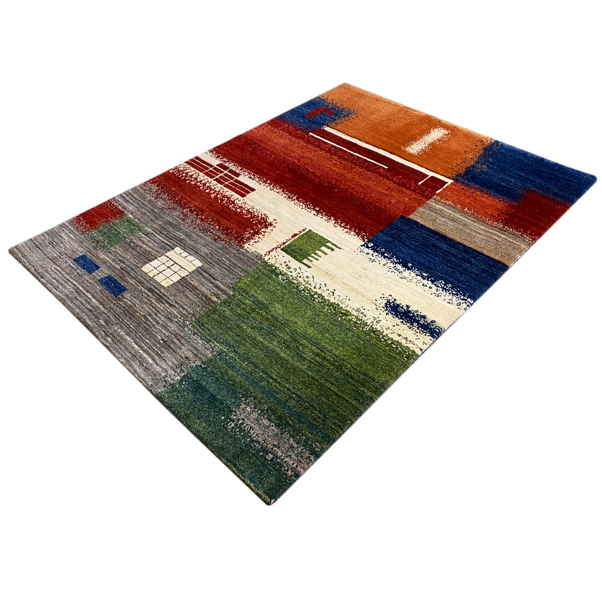Gabbeh rug with geometric blocks in brown, blue, green, gray, and cream