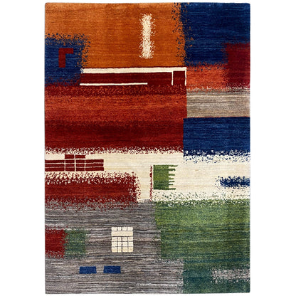 Gabbeh rug with an abstract patchwork pattern in brown, blue, green, and cream, 201x150 cm